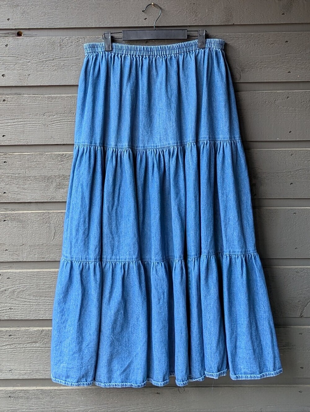 Double D Ranch Tiered Chambray Denim Western Maxi Skirt Size Large 100% Cotton